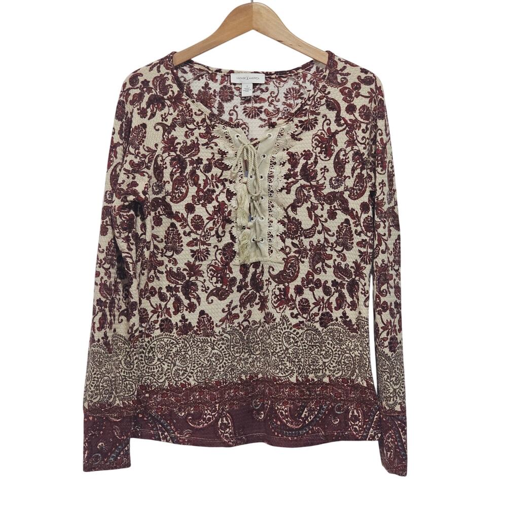 Vintage America Waffle Knit Top Style Lara Size S LS Paisley Boho Peasant